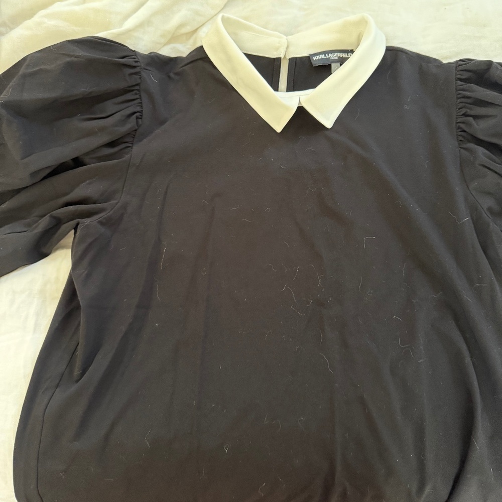 Karl Lagerfeld Black Puffed Sleeve Blouse with Cream Collar and Back Pearl L